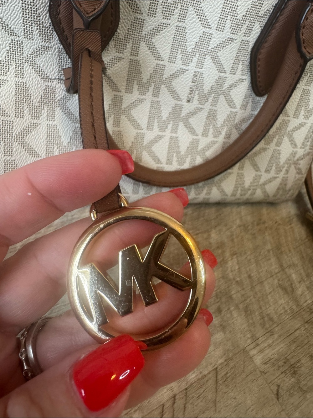 Michael Kors Cream MK Logo Clutch with Brown Leather Trim and shoulder strap - Picture 2 of 15